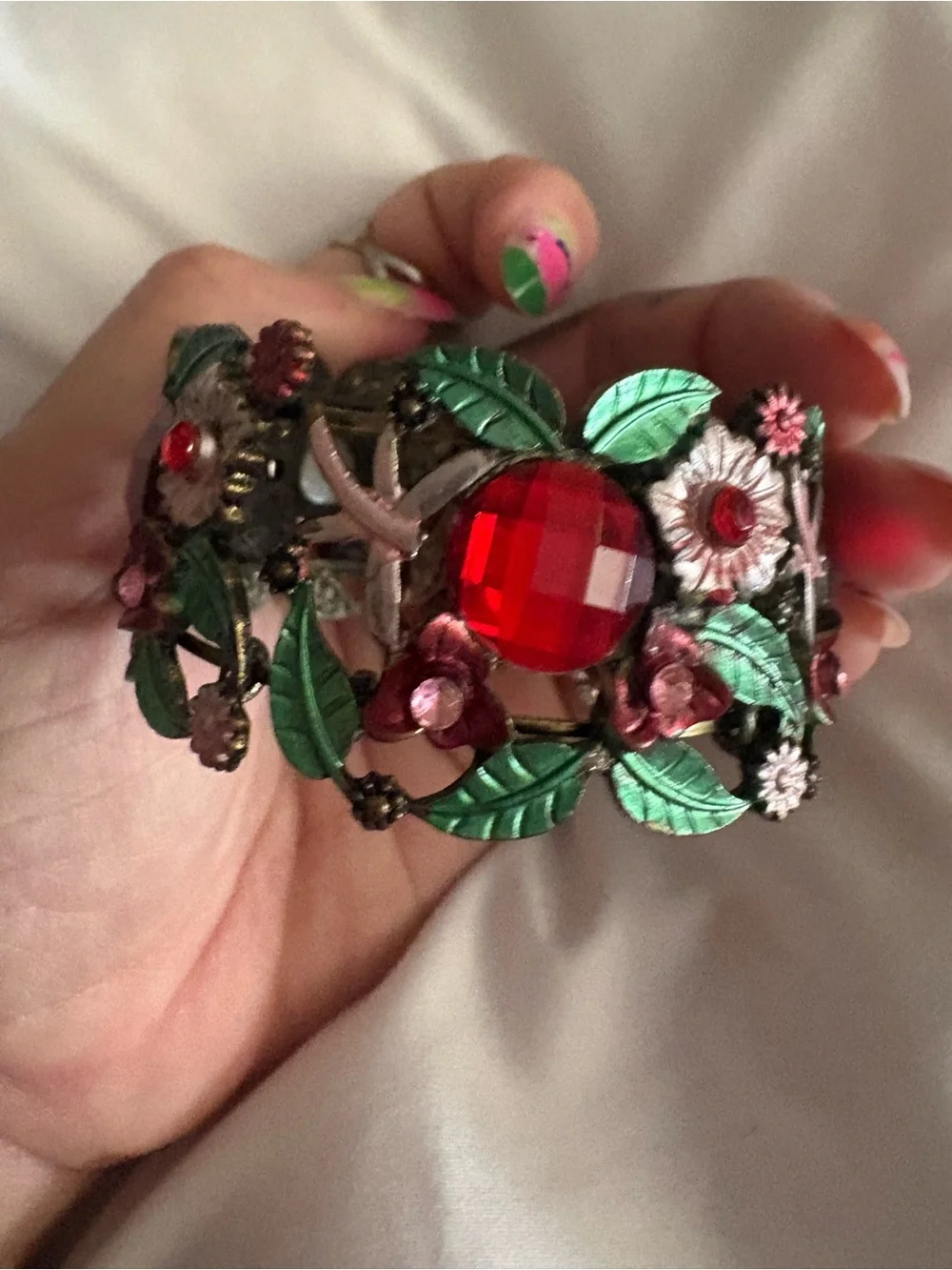 Vintage Floral Red Gem Green Leaf Statement Cuff Bracelet
